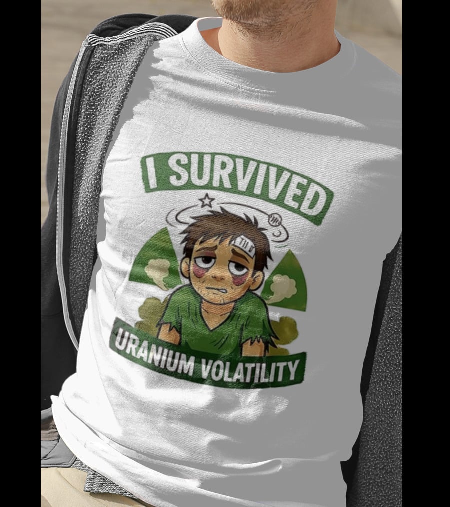 I Survived Uranium Volatility Exhausted Cartoon Character Wearing Torn Green T-Shirt