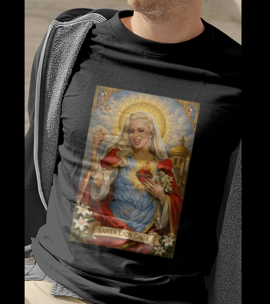Santa Lady Gaga Sacred Heart Imagery With Rosary And Golden Halo T-Shirt
