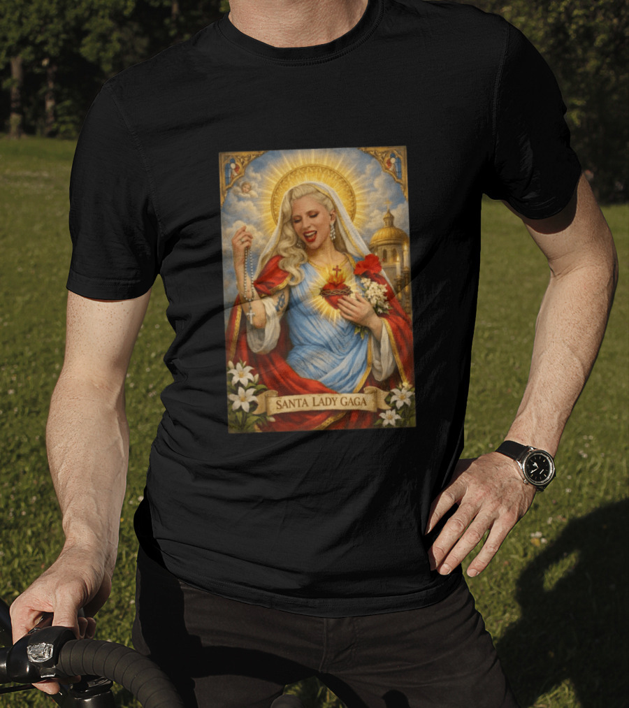 Santa Lady Gaga Sacred Heart Imagery With Rosary And Golden Halo T-Shirt