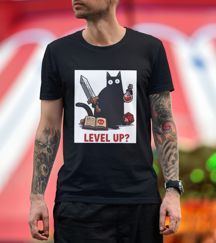 Black Cat Level Up Sword Potion D20 Dice Book Dungeons And Dragons T-Shirt