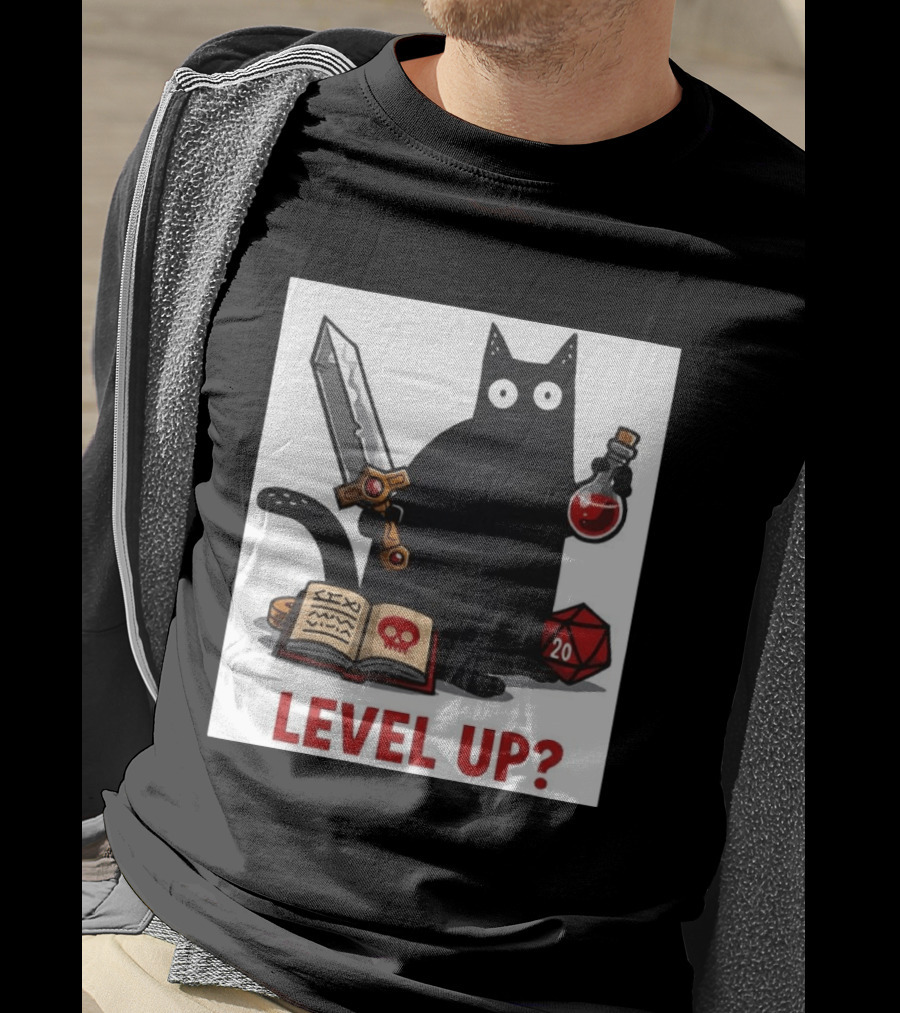 Black Cat Level Up Sword Potion D20 Dice Book Dungeons And Dragons T-Shirt