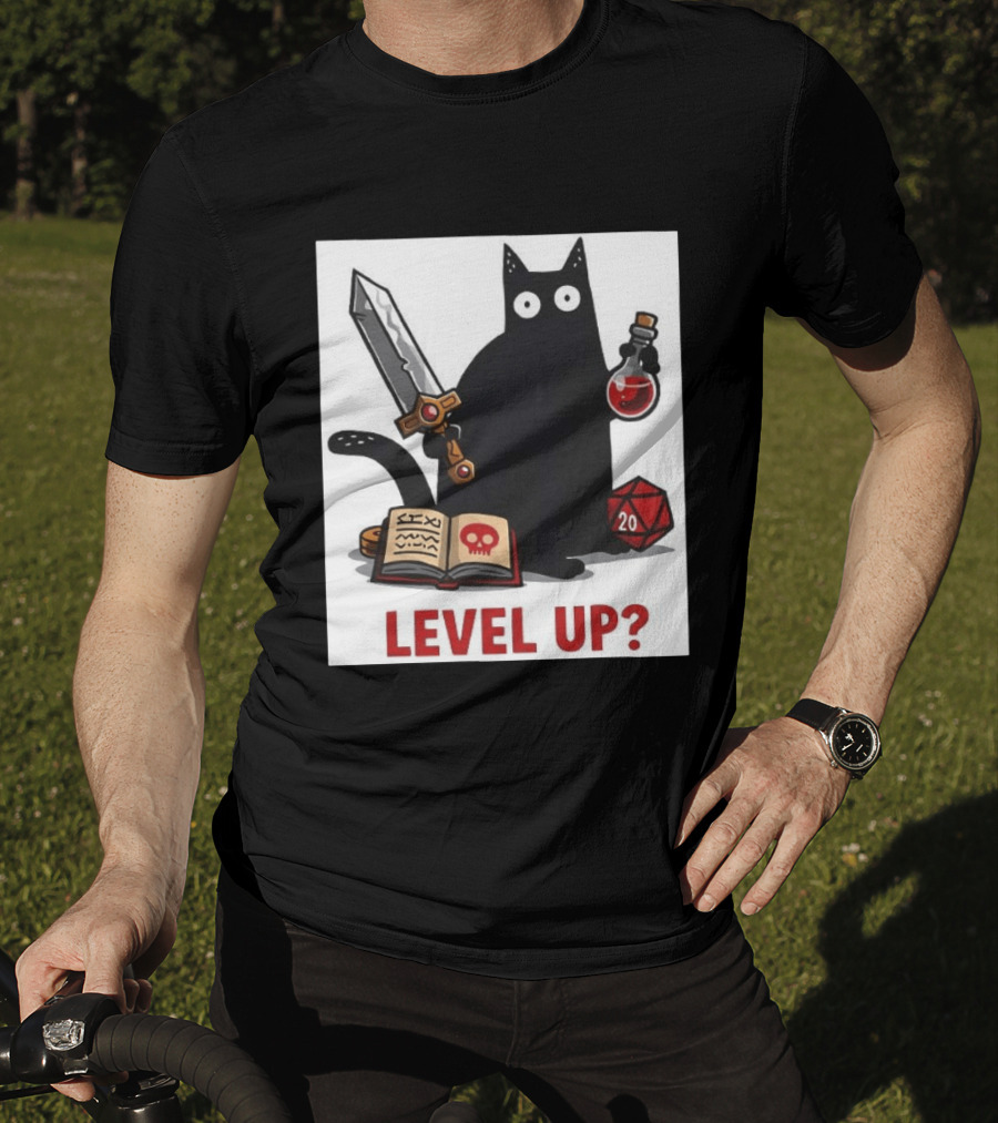 Black Cat Level Up Sword Potion D20 Dice Book Dungeons And Dragons T-Shirt