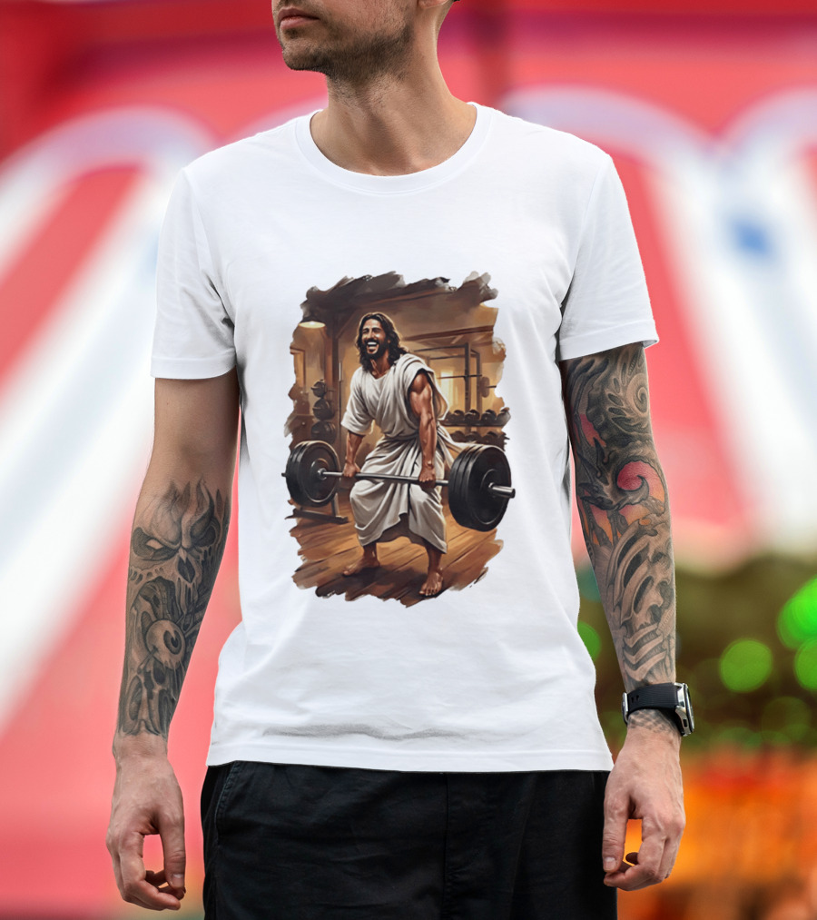Jesus Lifting Weights In Gym Spiritual Fitness Motivation T-Shirt