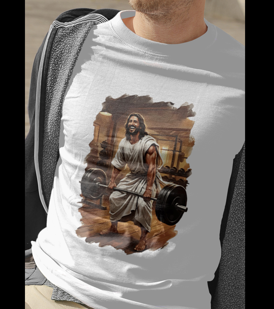 Jesus Lifting Weights In Gym Spiritual Fitness Motivation T-Shirt