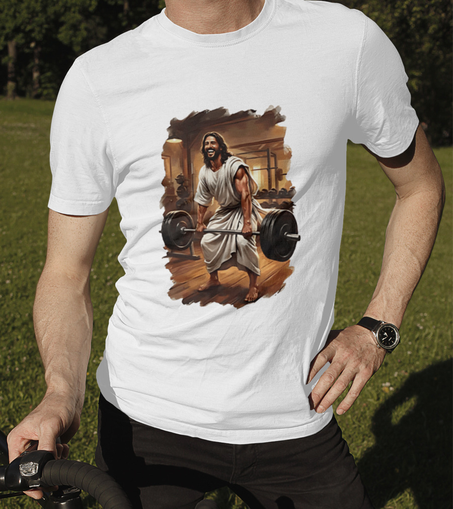Jesus Lifting Weights In Gym Spiritual Fitness Motivation T-Shirt