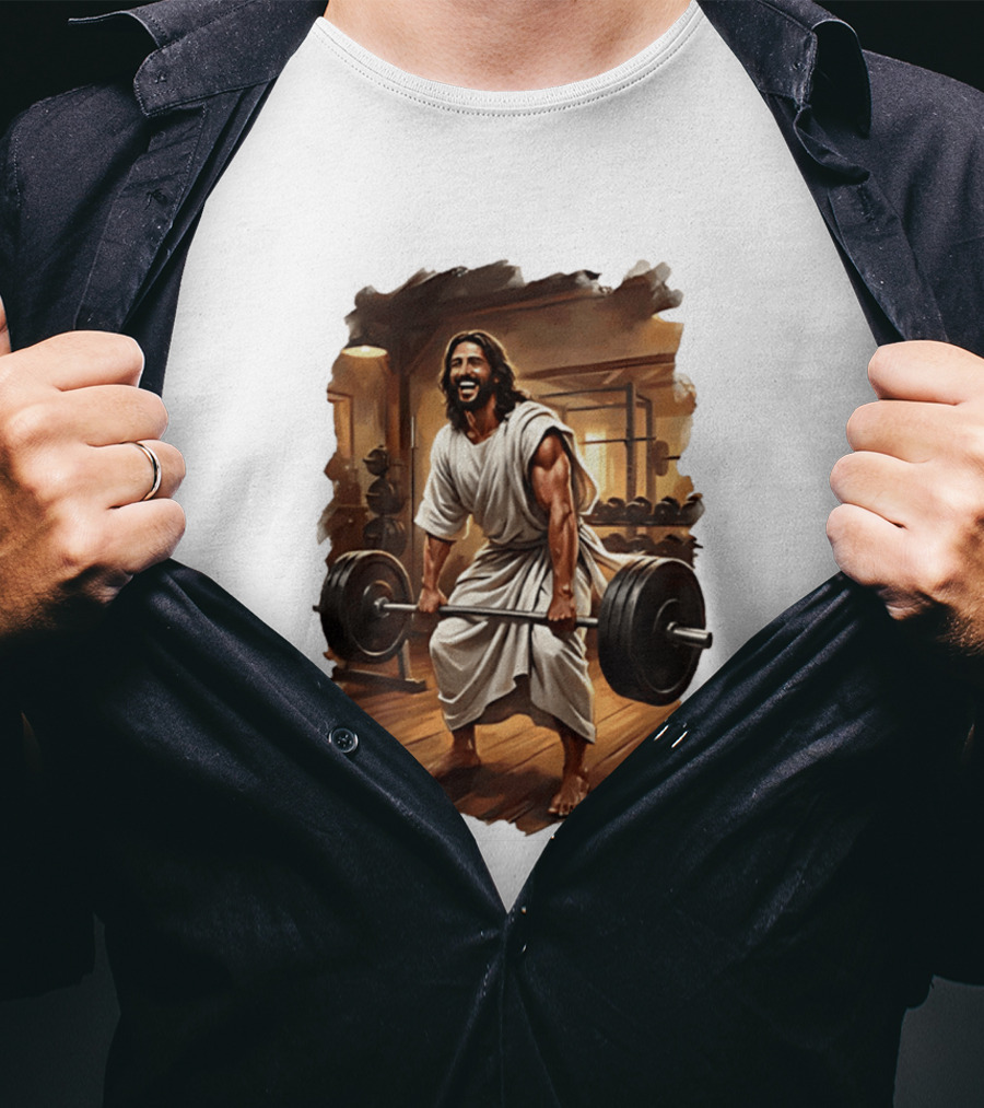 Jesus Lifting Weights In Gym Spiritual Fitness Motivation T-Shirt