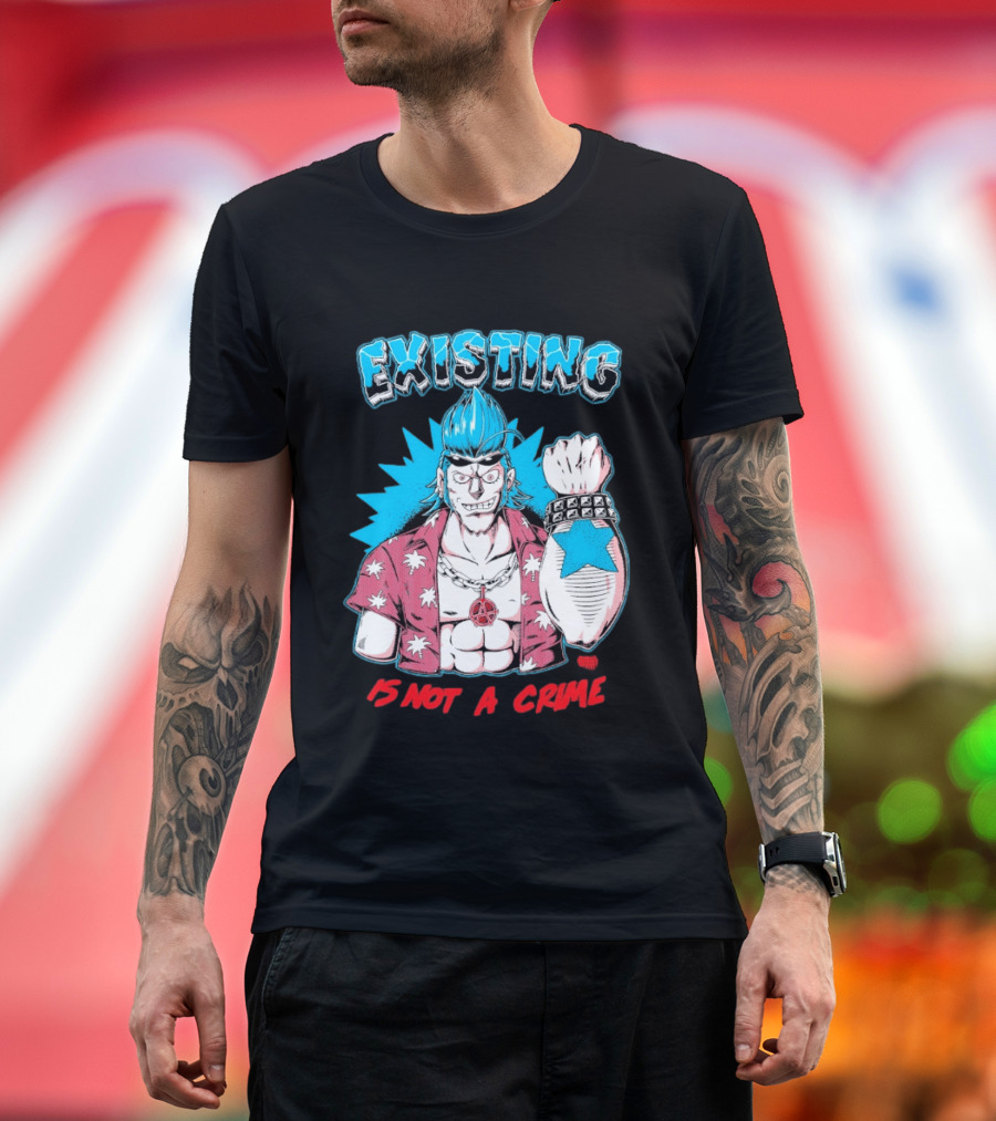 EXISTING IS NOT A CRIME Anime Punk Character Blue Hair Star Tattoo T-Shirt