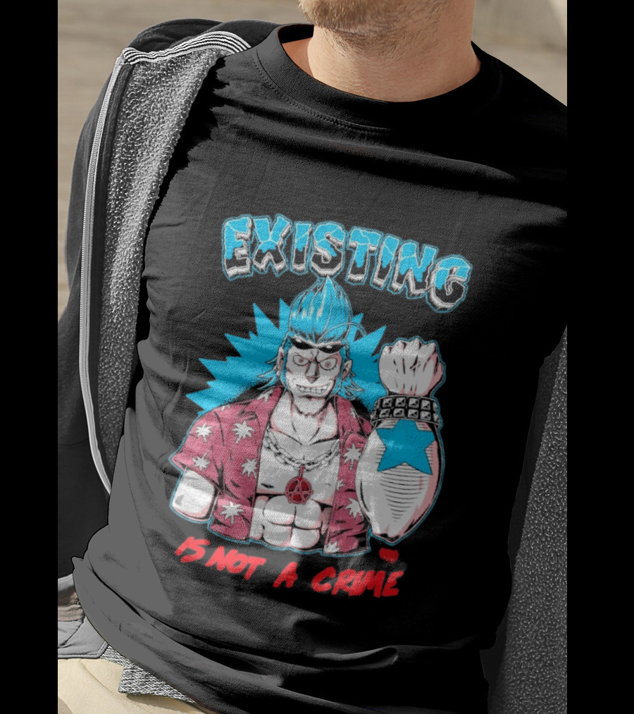 EXISTING IS NOT A CRIME Anime Punk Character Blue Hair Star Tattoo T-Shirt