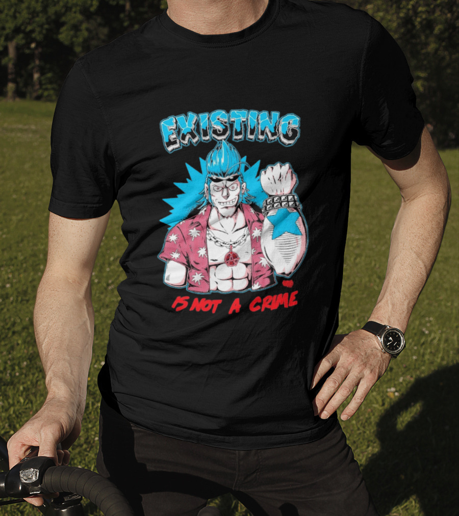 EXISTING IS NOT A CRIME Anime Punk Character Blue Hair Star Tattoo T-Shirt