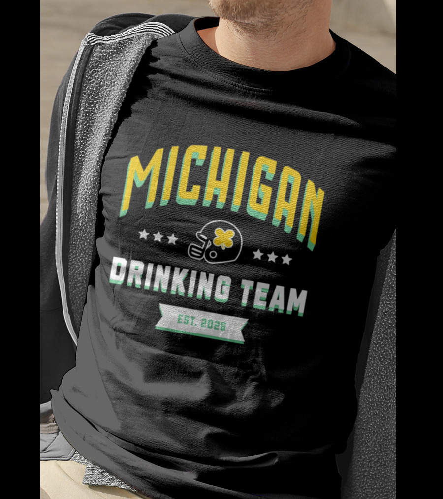 Michigan Wolverines Drinking Team St Patrick's Day Est 2026 Football Helmet Four Leaf Clover T-Shirt