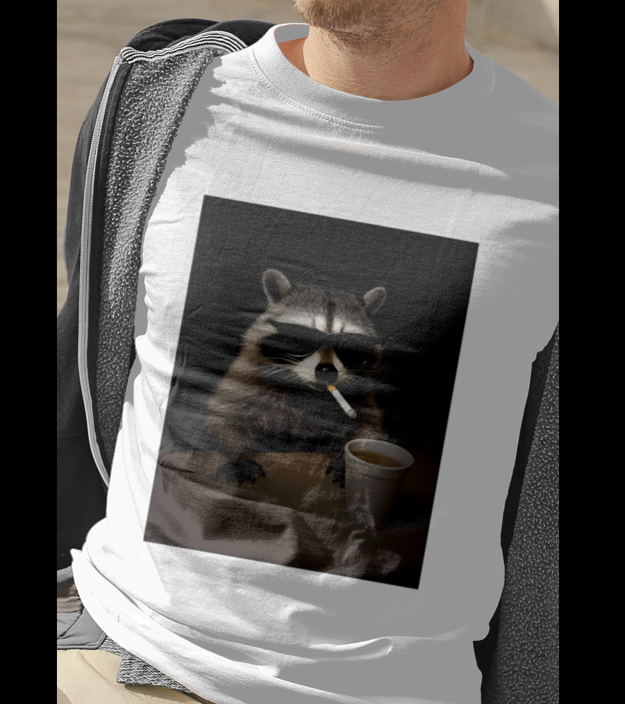 Raccoon Drinking Coffee Smoking Cigarette Wearing Sunglasses T-Shirt