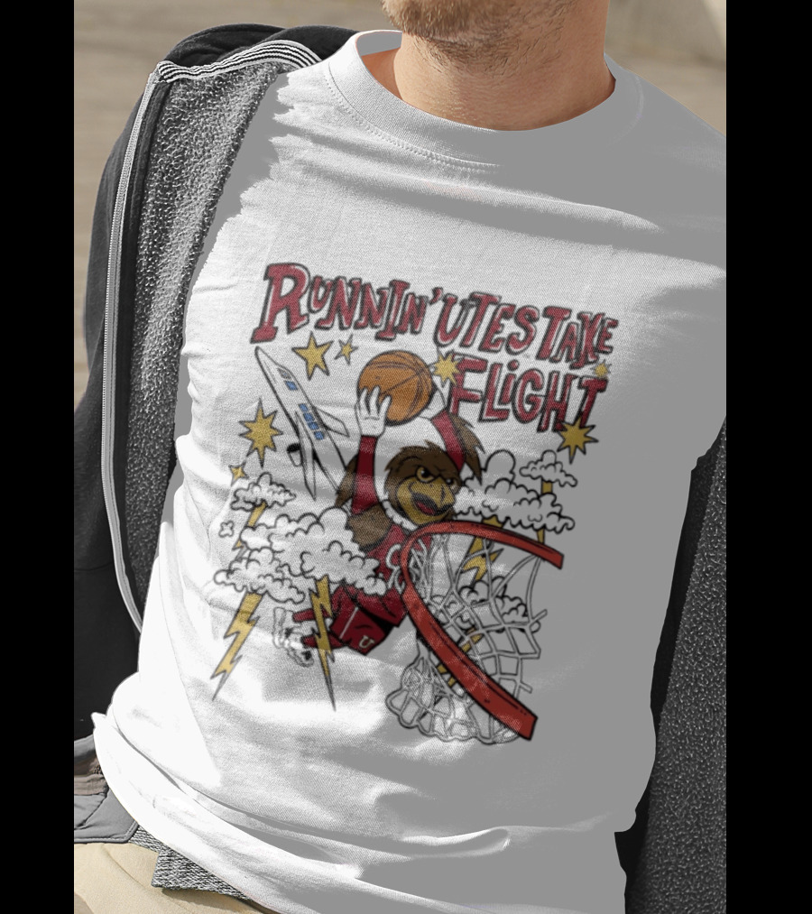 Runnin' Utes Take Flight Basketball Mascot Dunking With Clouds Lightning And Jet T-Shirt