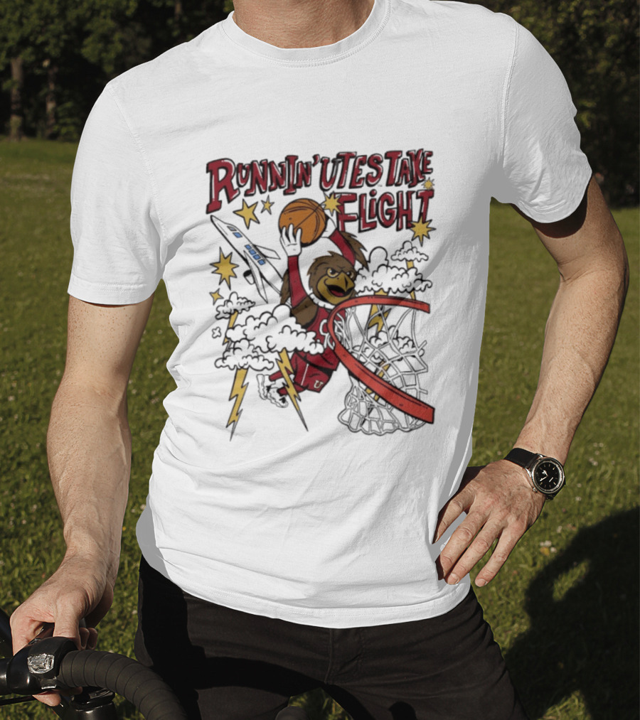 Runnin' Utes Take Flight Basketball Mascot Dunking With Clouds Lightning And Jet T-Shirt