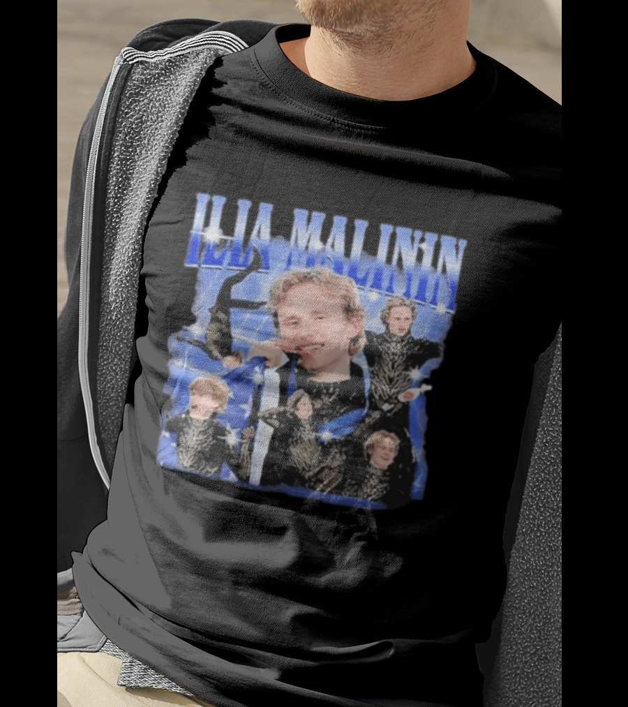 Ilia Malinin Figure Skating Star Blue Sparkle Montage T-Shirt