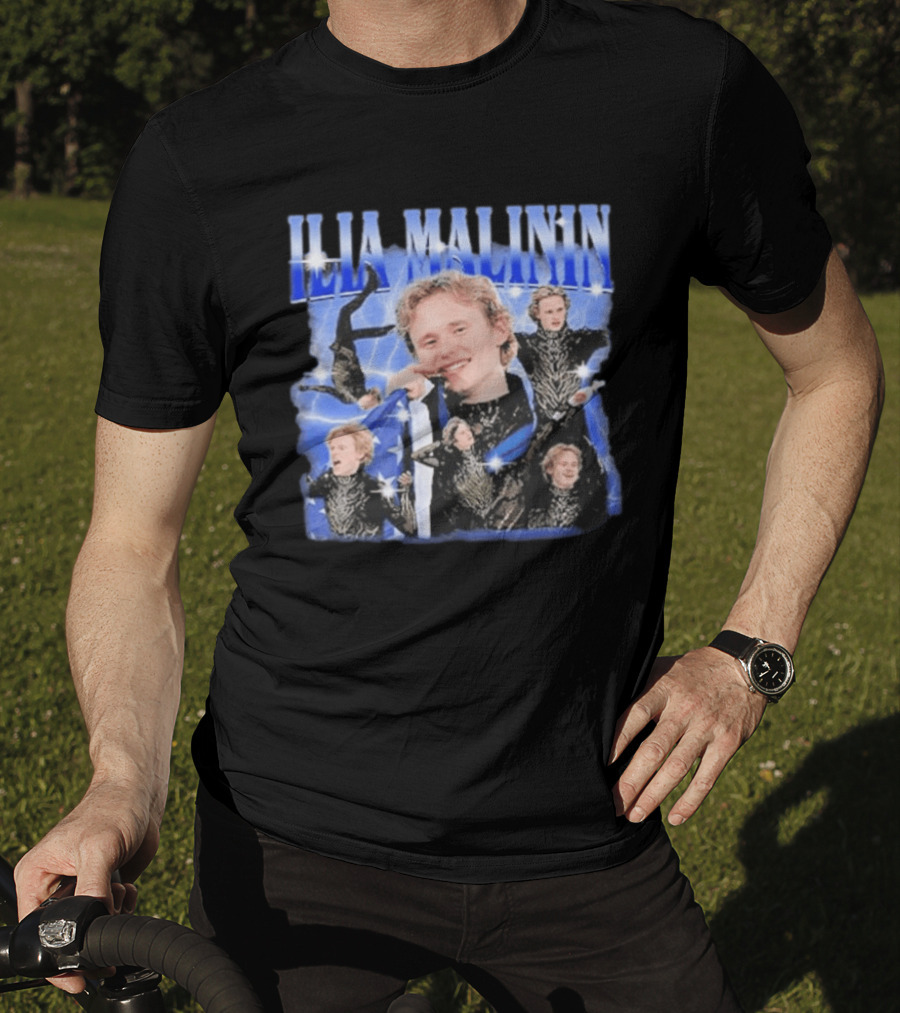 Ilia Malinin Figure Skating Star Blue Sparkle Montage T-Shirt