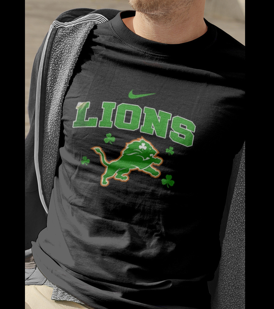 Detroit Lions Irish Theme With Green Shamrocks And Nike T-Shirt