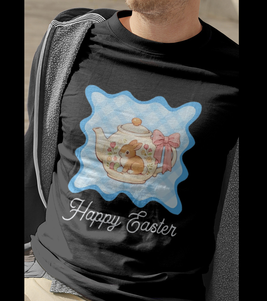 Happy Easter Bunny Teapot With Floral Blue Gingham And Pink Bow T-Shirt