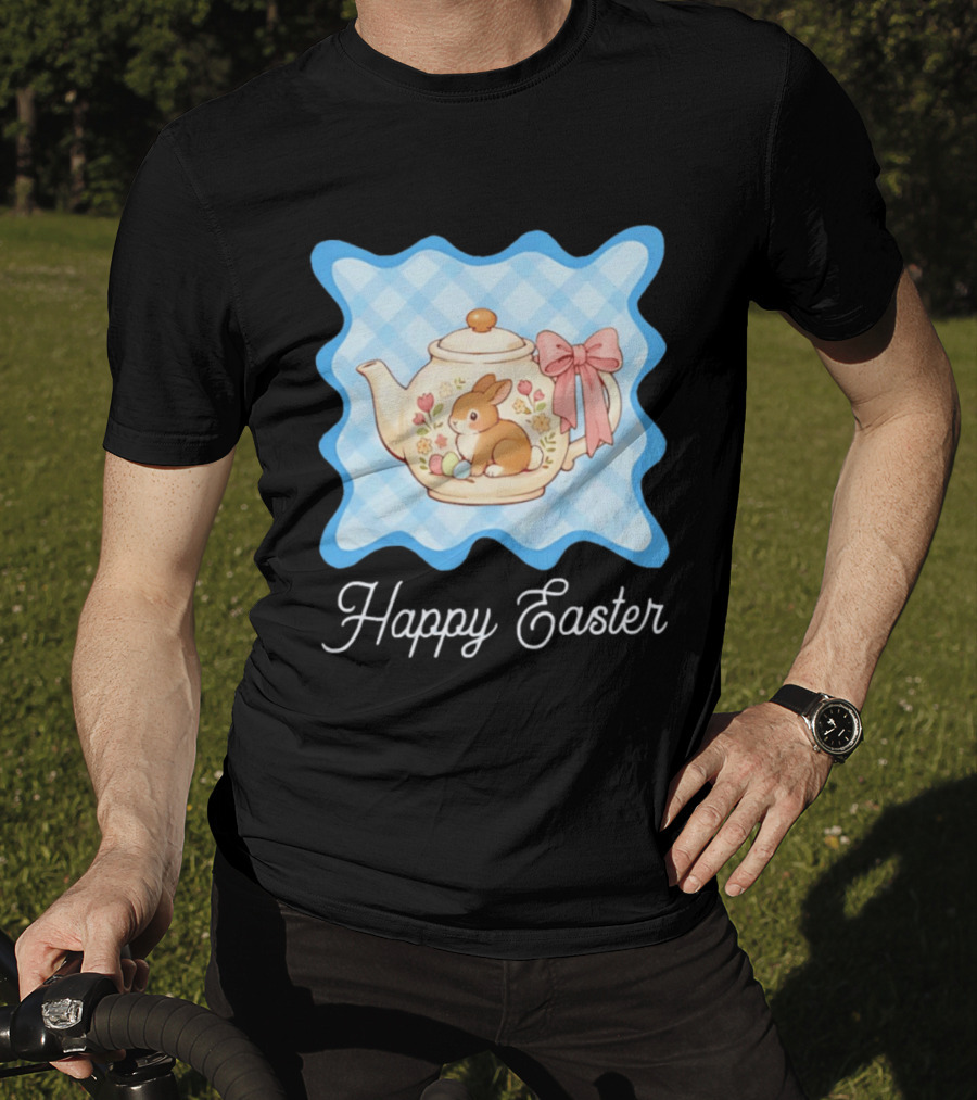 Happy Easter Bunny Teapot With Floral Blue Gingham And Pink Bow T-Shirt