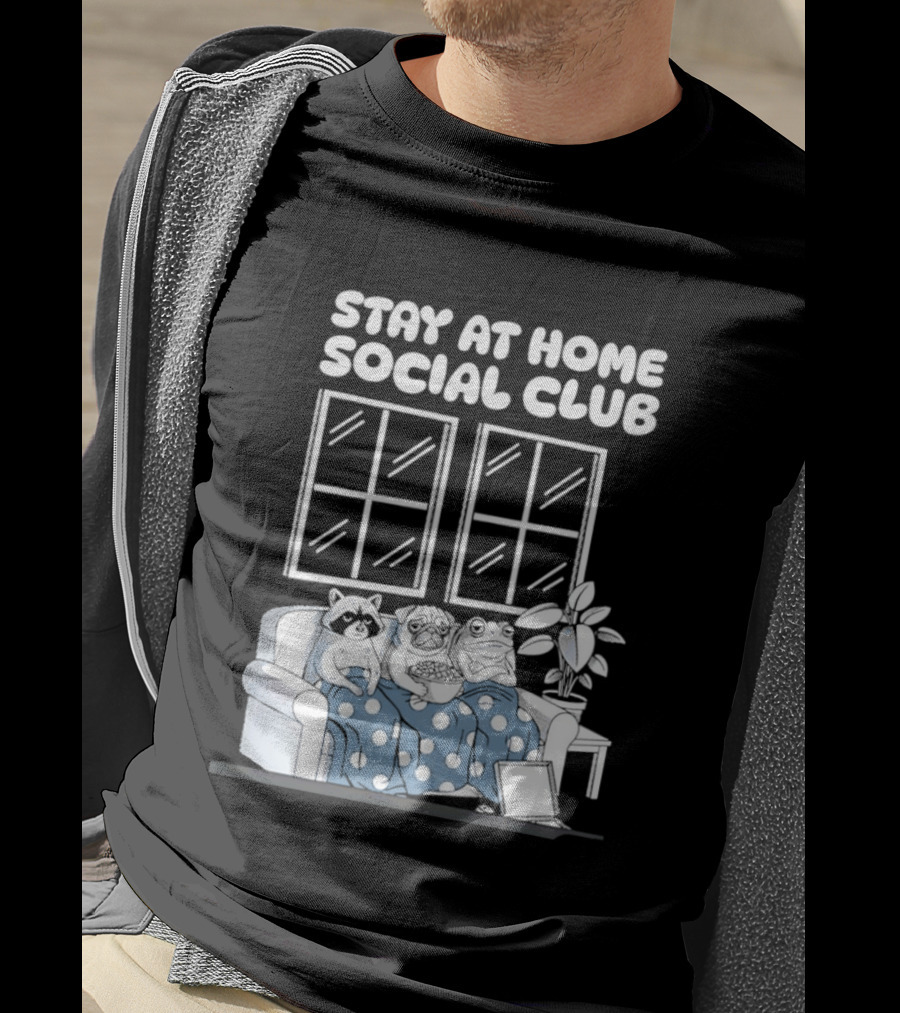 Stay At Home Social Club Raccoon Pug Frog Sofa Window Plant Scene T-Shirt