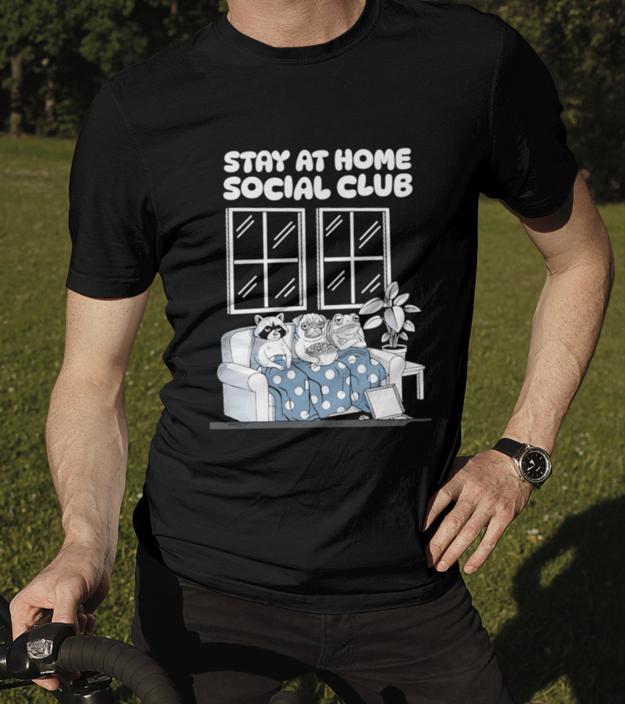 Stay At Home Social Club Raccoon Pug Frog Sofa Window Plant Scene T-Shirt