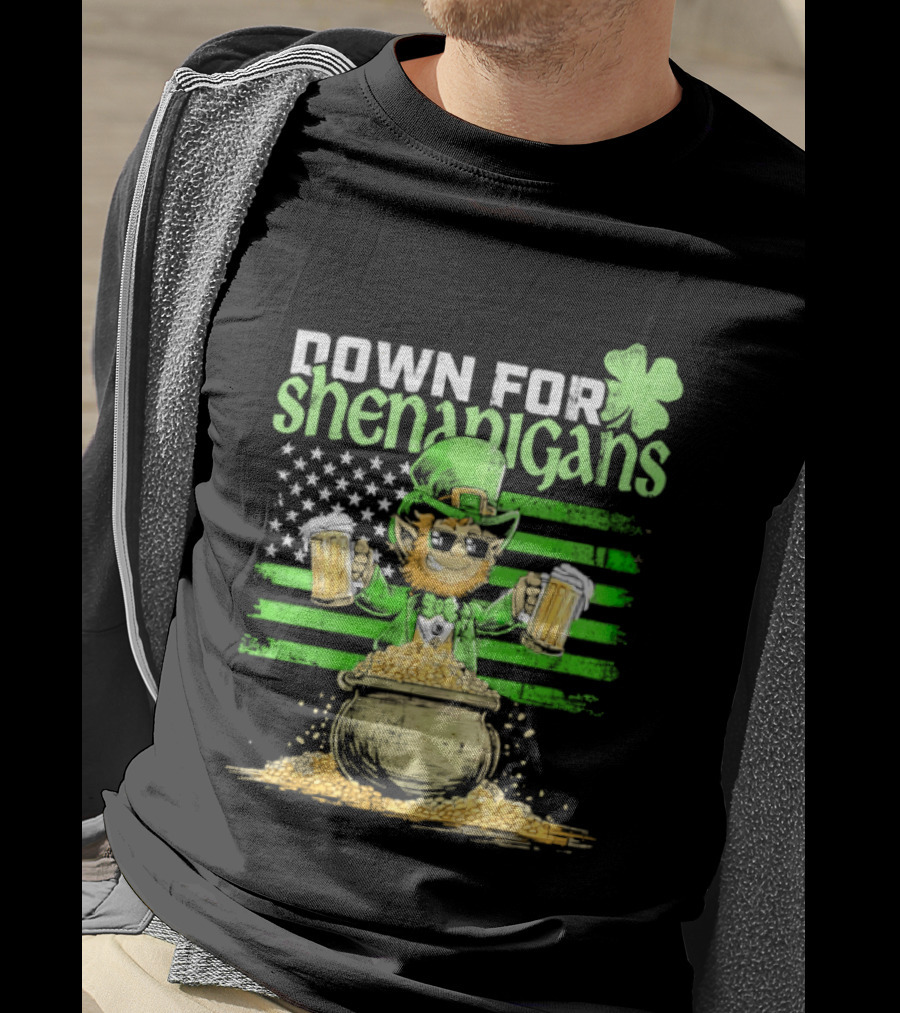 Down For Shenanigans Leprechaun With Beers And Clover American Flag T-Shirt