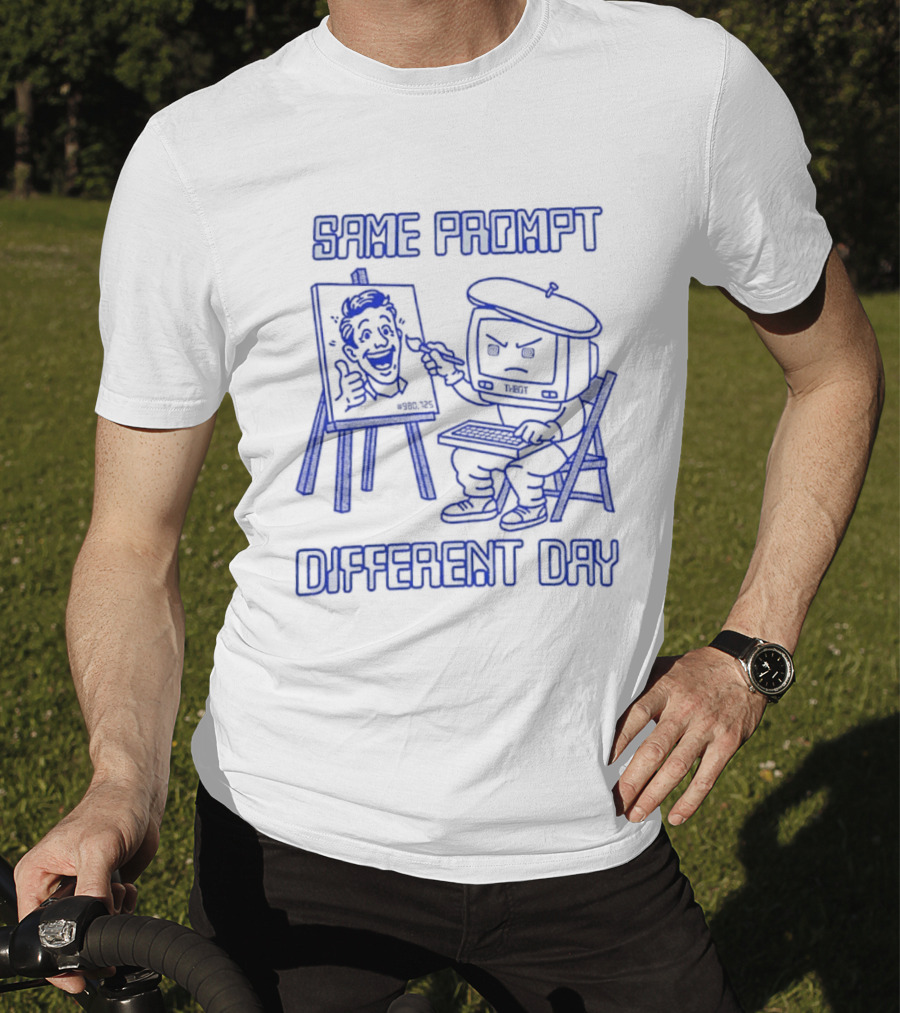 Same Prompt Different Day AI Painter Cartoon With Easel And T-Shirt