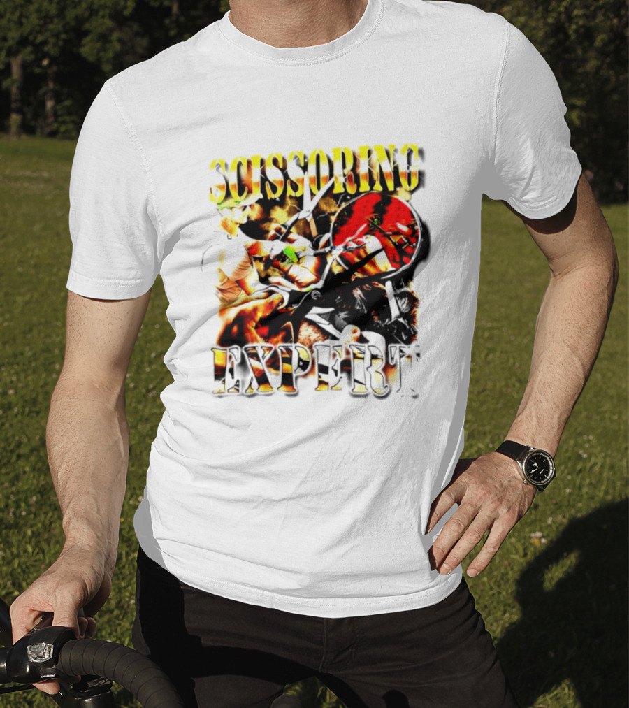 Scissoring Expert Vibrant Scissors Holding T-Shirt
