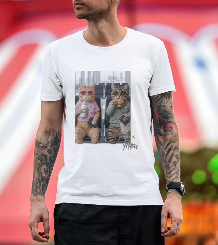 Tabitha & Mittens Airport Adventure Cats With Heart Glasses Milkshake Burger Passport T-Shirt