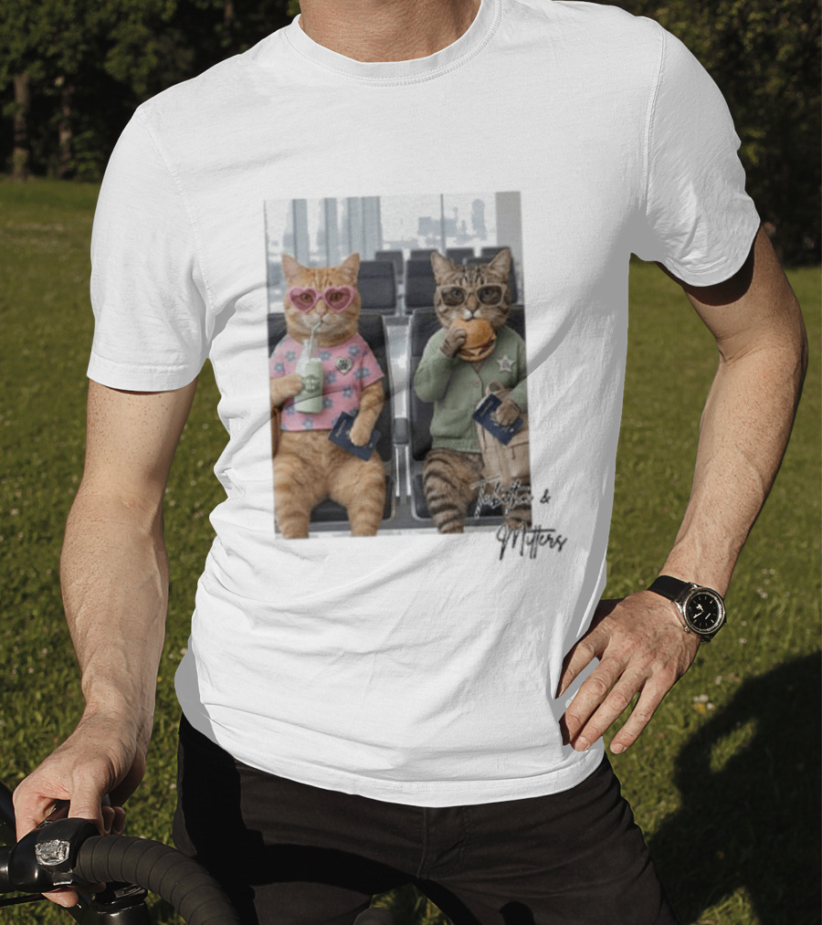 Tabitha & Mittens Airport Adventure Cats With Heart Glasses Milkshake Burger Passport T-Shirt