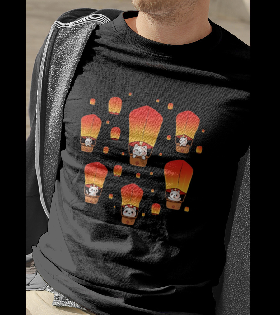 Cats In Lanterns Floating Skyward With Chinese New Year Charm T-Shirt