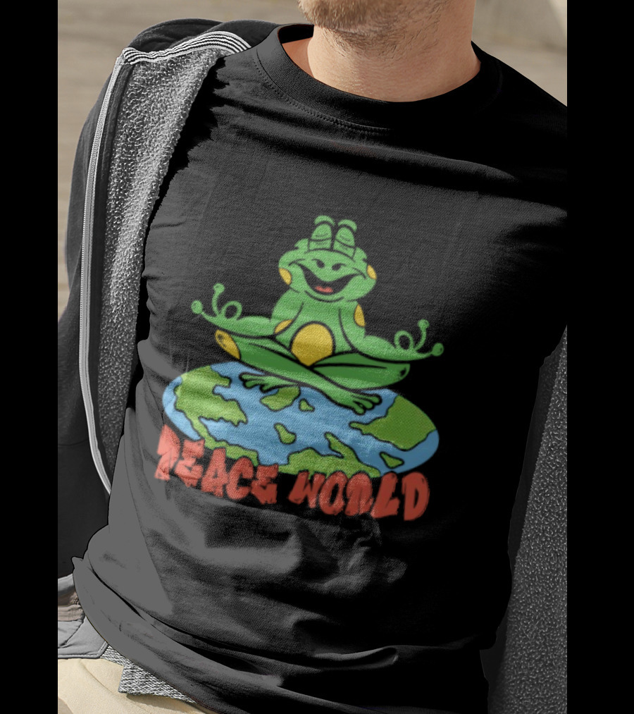 Meditating Frog Sitting On Planet Earth Peace World T-Shirt