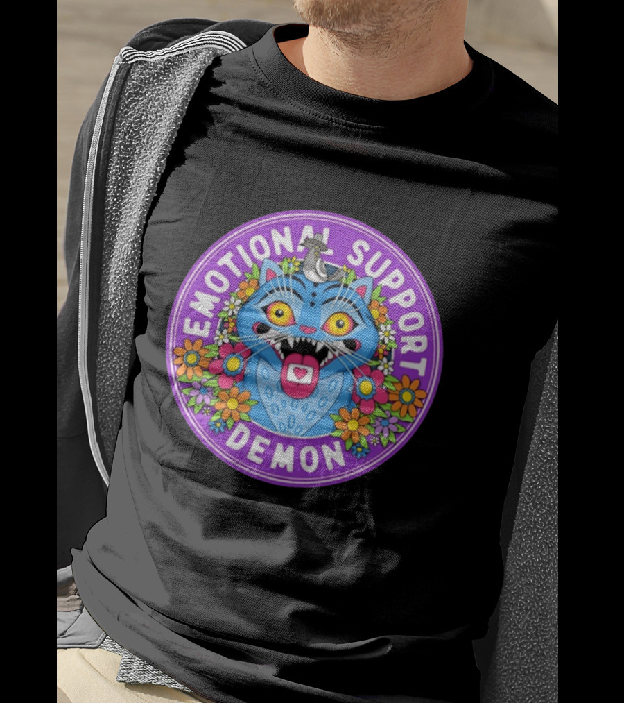 Emotional Support Derpy Demon Cat Surrounded By Flowers And Bird T-Shirt