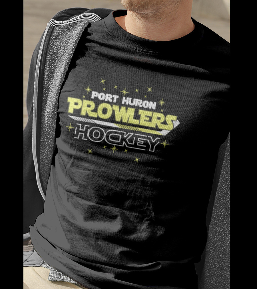 Port Huron Prowlers Hockey Team Yellow Text With Stars And Stick T-Shirt