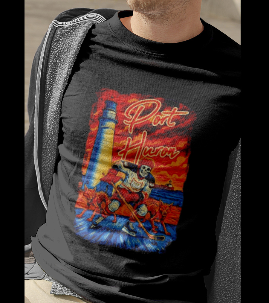 Port Huron Skeleton Prowlers Hockey With Lighthouse And Wolves T-Shirt