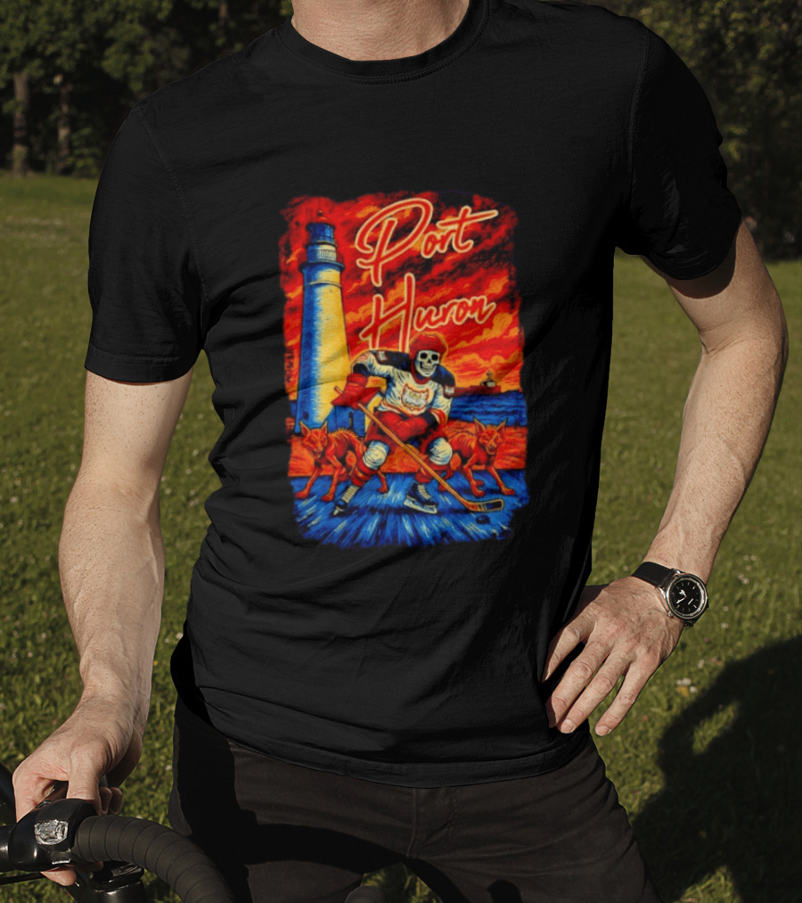 Port Huron Skeleton Prowlers Hockey With Lighthouse And Wolves T-Shirt