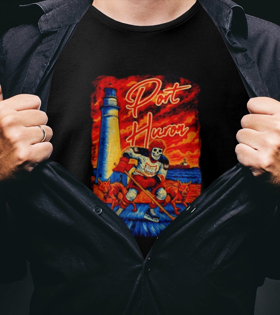 Port Huron Skeleton Prowlers Hockey With Lighthouse And Wolves T-Shirt