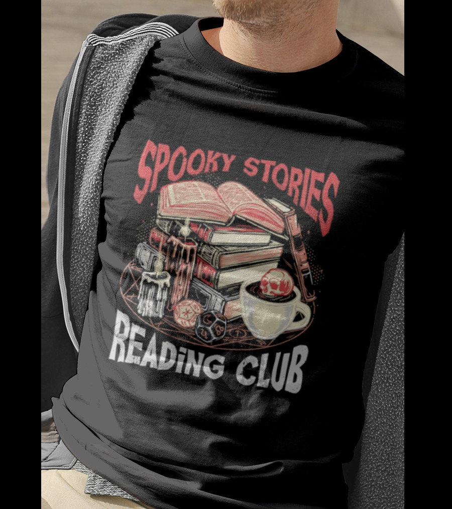Spooky Stories Reading Club Books Candles Skulls And Cup T-Shirt
