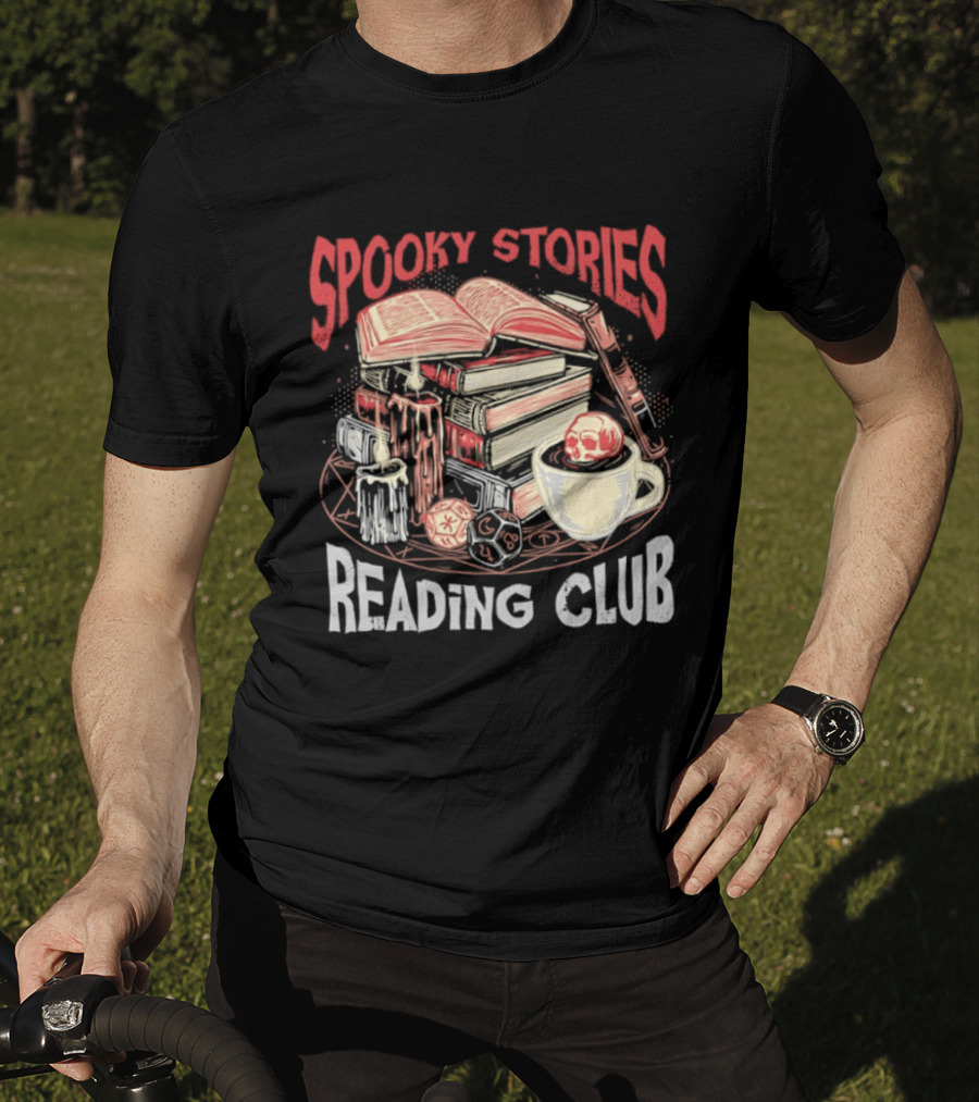 Spooky Stories Reading Club Books Candles Skulls And Cup T-Shirt