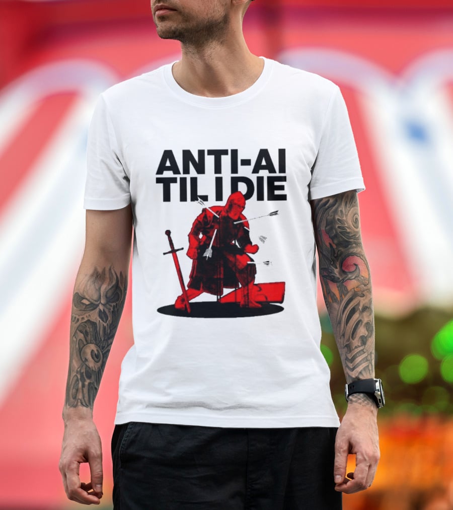 ANTI AI TIL I DIE Medieval Warrior Kneeling With Sword And Arrows T-Shirt