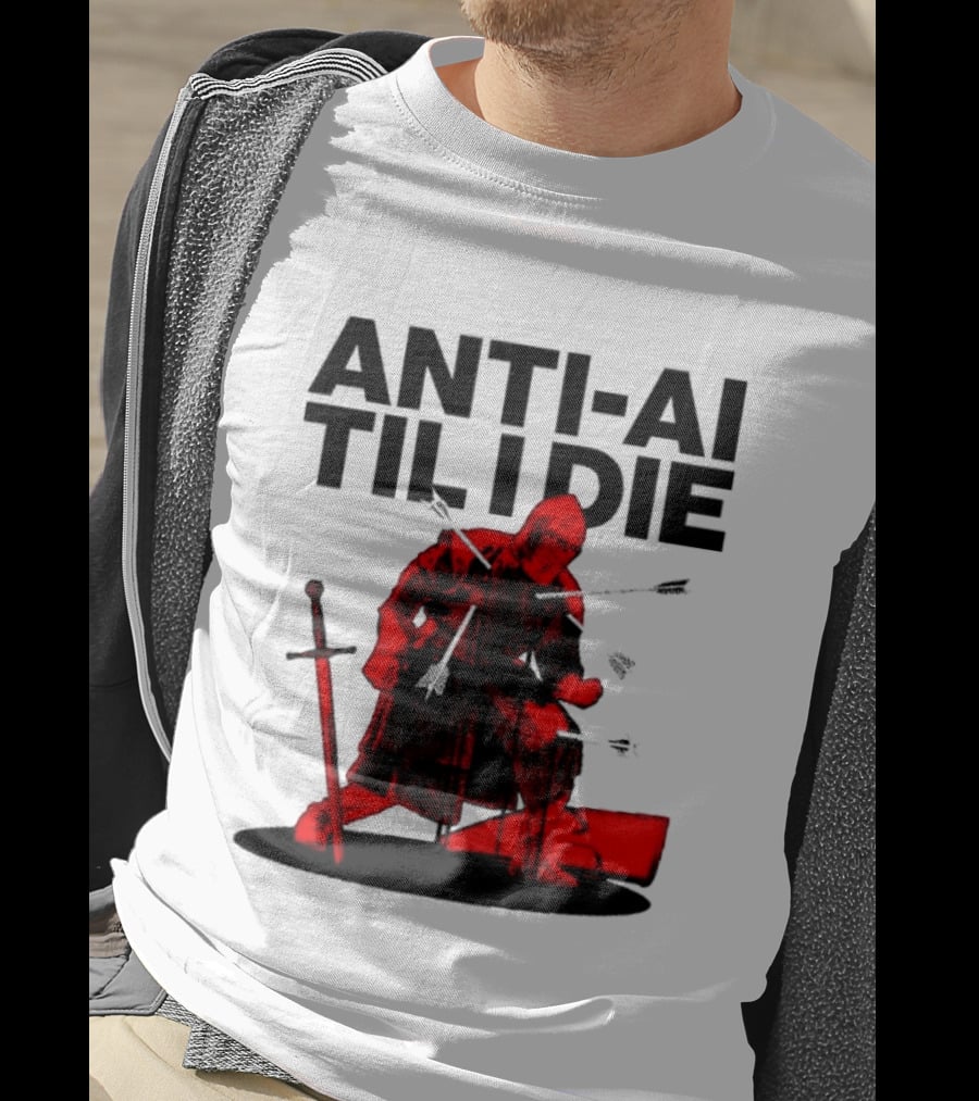 ANTI AI TIL I DIE Medieval Warrior Kneeling With Sword And Arrows T-Shirt