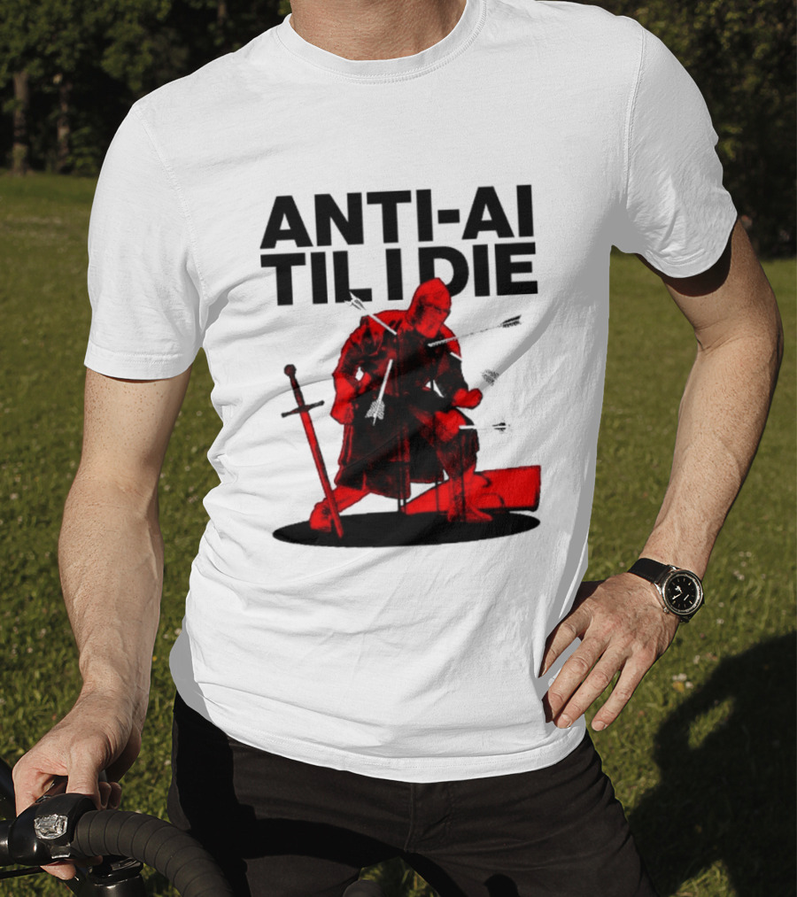 ANTI AI TIL I DIE Medieval Warrior Kneeling With Sword And Arrows T-Shirt