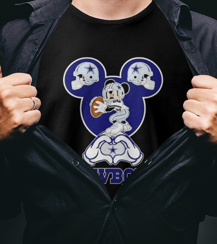 Dallas Cowboys Mickey Mouse Heart Hands Football Helmets T-Shirt