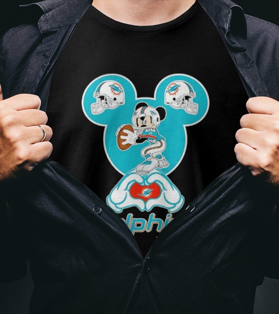 Miami Dolphins Mickey Mouse Heart Hands Football Helmets T-Shirt