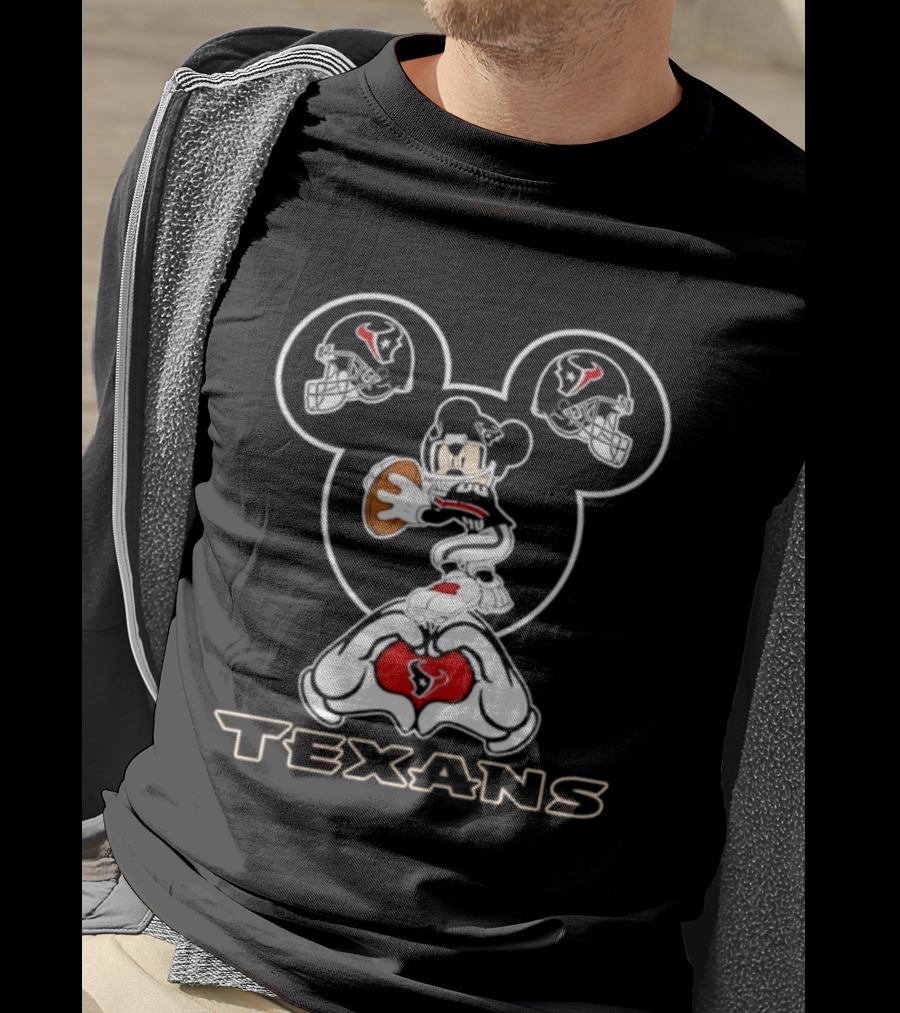 Houston Texans Mickey Mouse Heart Hands Football T-Shirt