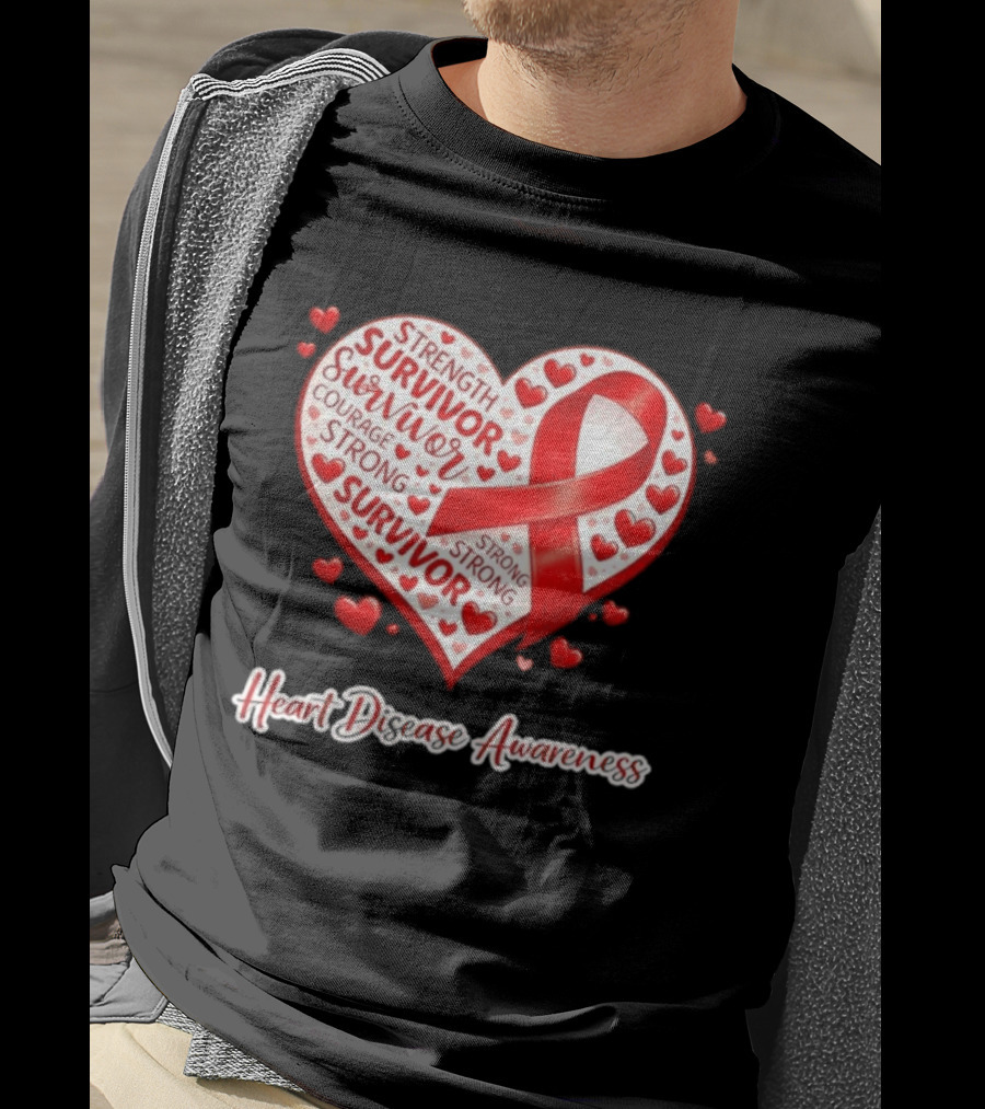 Survivor Strength Courage Strong Heart Disease Awareness Red Ribbon T-Shirt