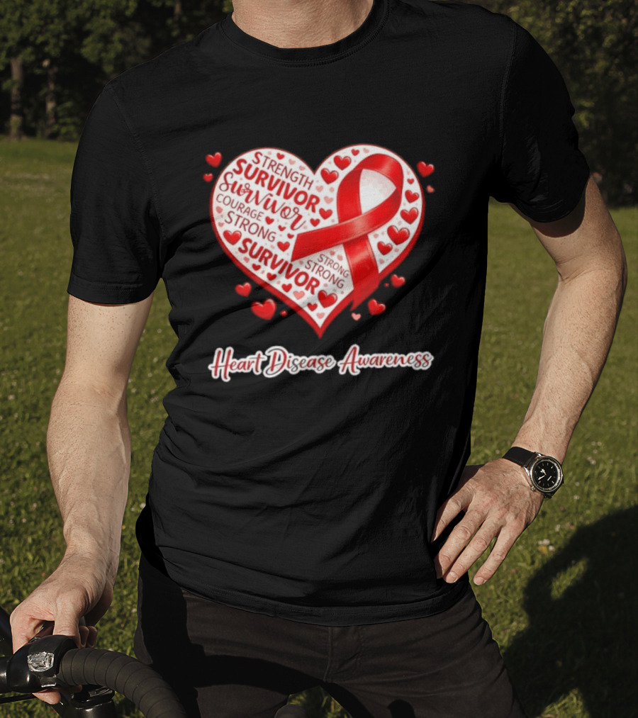 Survivor Strength Courage Strong Heart Disease Awareness Red Ribbon T-Shirt