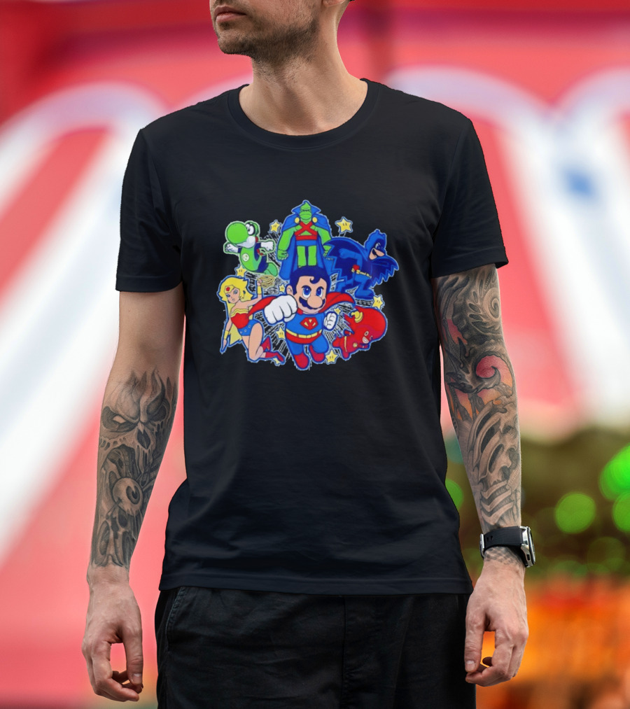 Justice League Mario Bros Crossover With Yoshi Batman Flash Wonder Woman Martian Manhunter T-Shirt