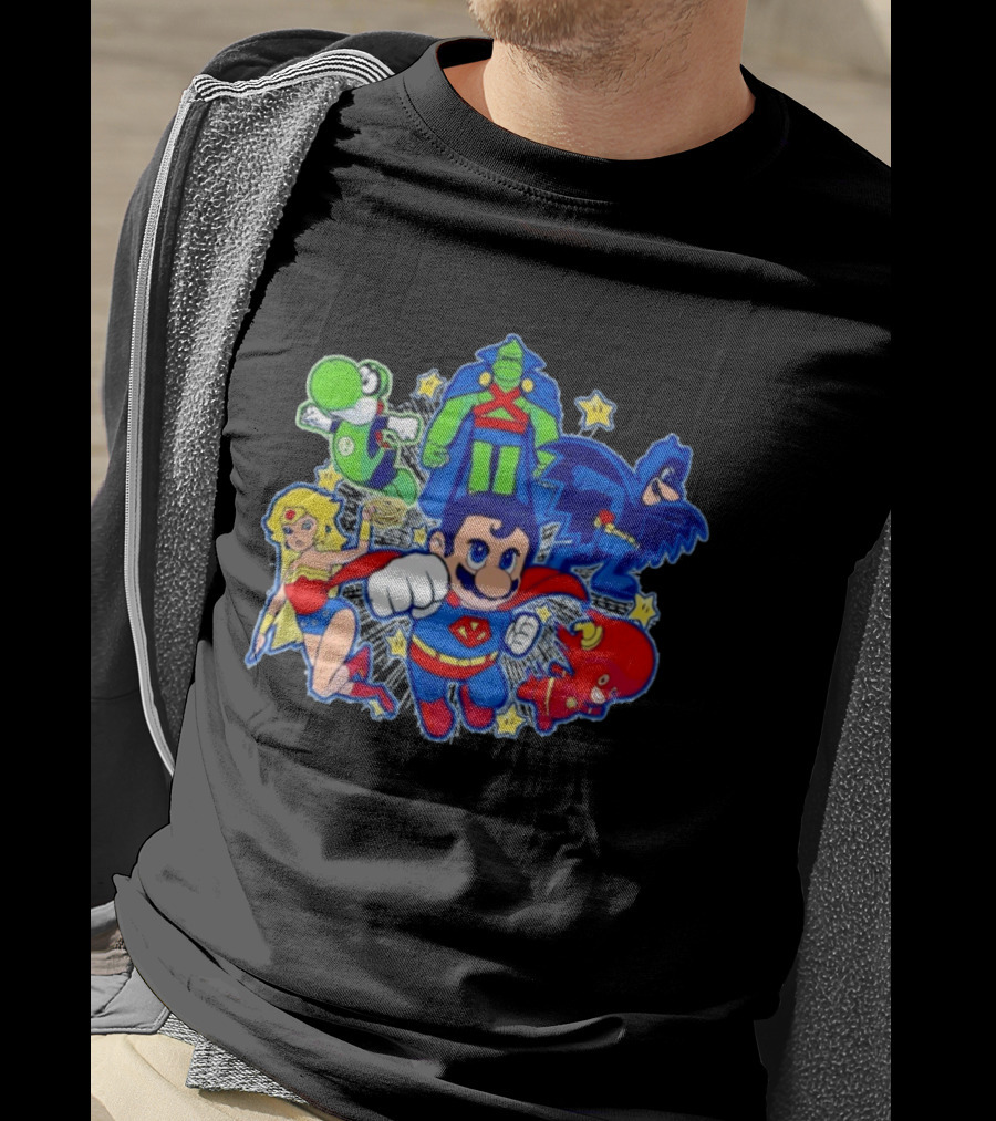 Justice League Mario Bros Crossover With Yoshi Batman Flash Wonder Woman Martian Manhunter T-Shirt