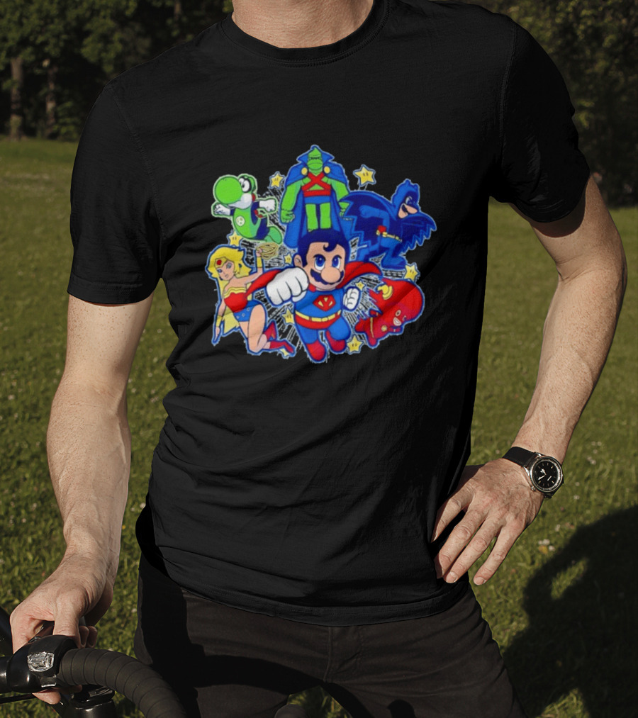 Justice League Mario Bros Crossover With Yoshi Batman Flash Wonder Woman Martian Manhunter T-Shirt