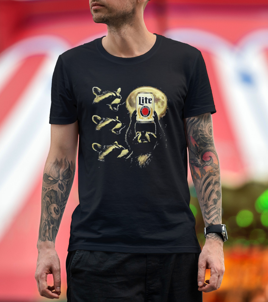 Moon Raccoon Lite Beer Can In Full Moonlight T-Shirt